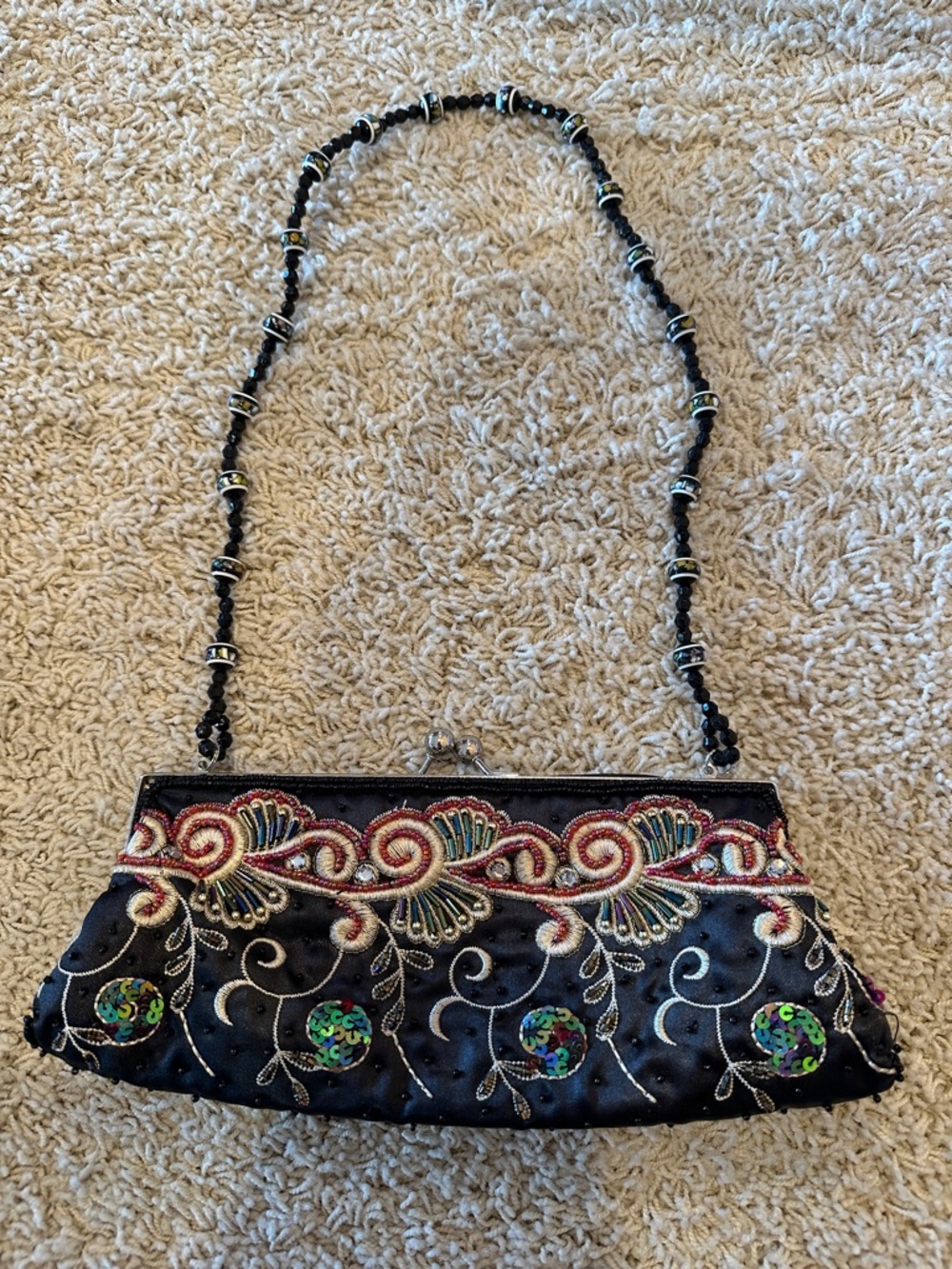 Embroidered Black Beaded Evening Clutch